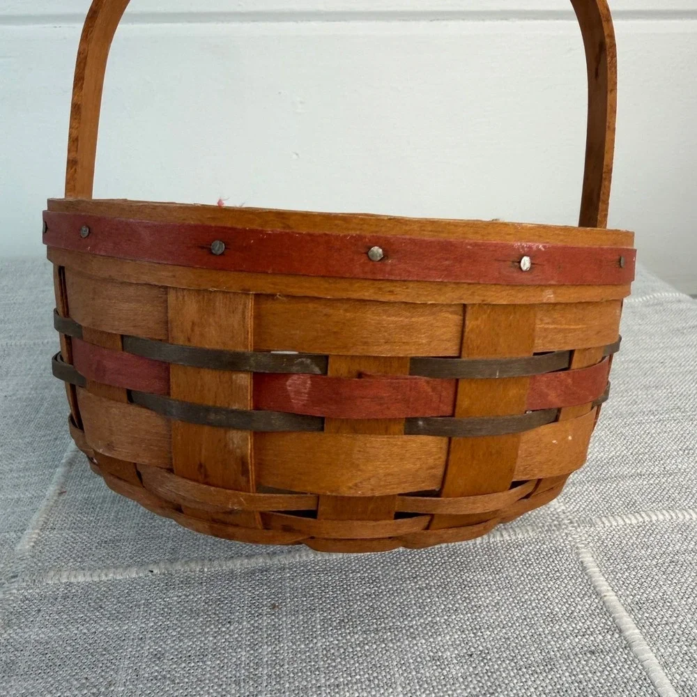 1989 Longaberger All American Stitching Basket Red Blue Stationary Handle USA